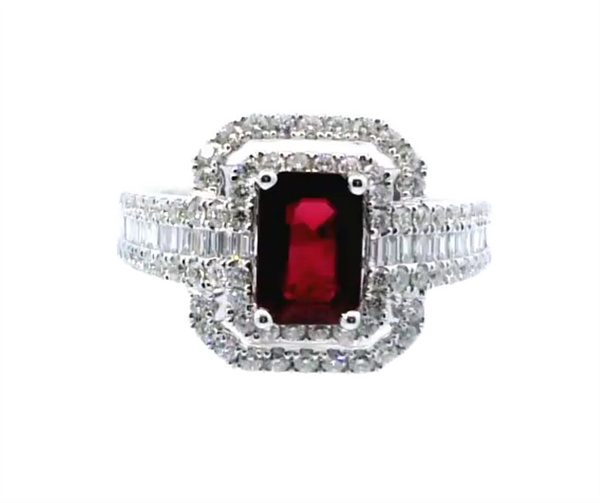 18K White Gold Double Halo Diamond Ring with Round and Baguette Diamonds, 0.61ct Round & 0.24ct Baguette Diamonds, F/G Color, VS2 Clarity