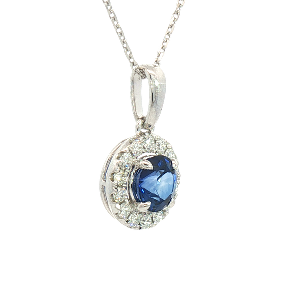 Elegant Colored Stone Necklace Platinum 1.07 Carats Blue Sapphire & 0.25 Carats Diamond Halo Necklace - 18 Inch