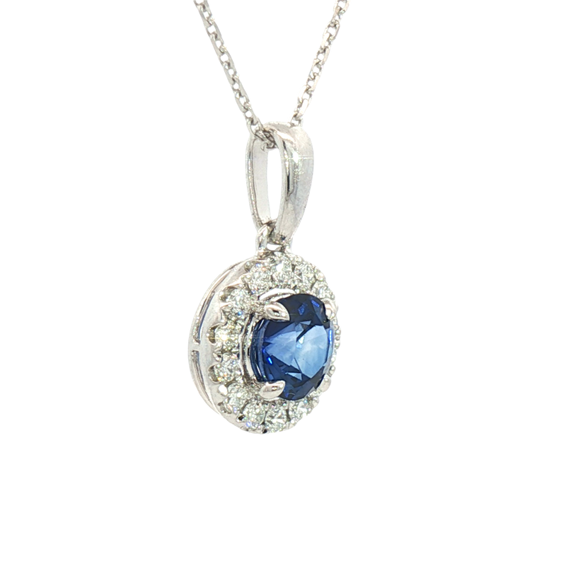 Elegant Colored Stone Necklace Platinum 1.07 Carats Blue Sapphire & 0.25 Carats Diamond Halo Necklace - 18 Inch