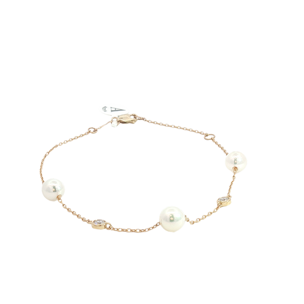 Elegant Pearl Bracelet - 14K Yellow Gold Akoya Cultured 5.5-6.0MM Pearl  & 0.14 Lab Grown Diamond Bracelet - 7.5 Inch