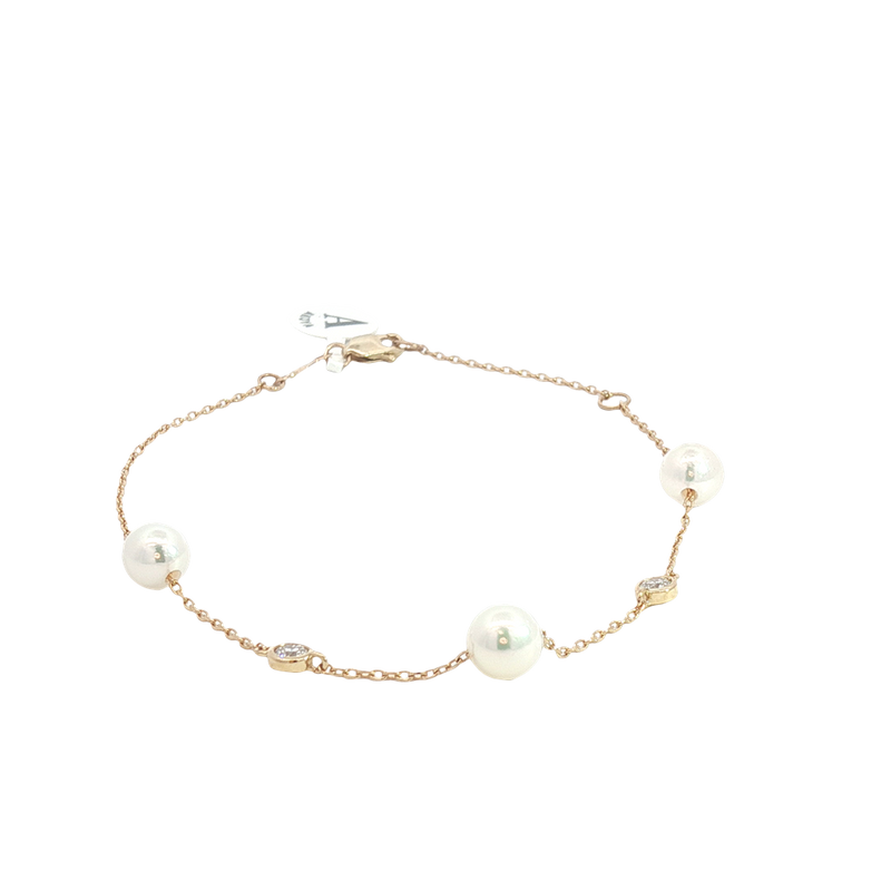 Elegant Pearl Bracelet - 14K Yellow Gold Akoya Cultured 5.5-6.0MM Pearl  & 0.14 Lab Grown Diamond Bracelet - 7.5 Inch