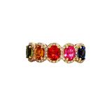 Bold & Elegant 14K Yellow Gold Oval Cut 2.78 Carats Mulit Colored Sapphires &  0.34 Carats Diamond Halo Ring