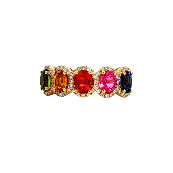 Bold & Elegant 14K Yellow Gold Oval Cut 2.78 Carats Mulit Colored Sapphires &  0.34 Carats Diamond Halo Ring
