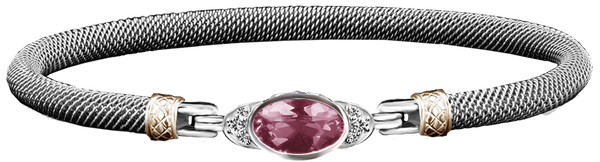 Elegant & Eye Catching Sterling Silver & 14K Yellow Gold Lab Grown Pink Sapphire & 0.10 Carats Lab Grown Diamond Bangle Bracelet - 7 Inch