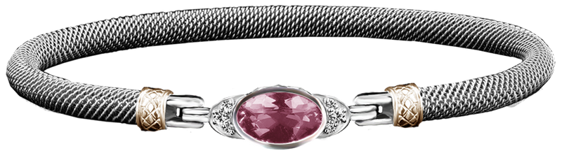 Elegant & Eye Catching Sterling Silver & 14K Yellow Gold Lab Grown Pink Sapphire & 0.10 Carats Lab Grown Diamond Bangle Bracelet - 7 Inch