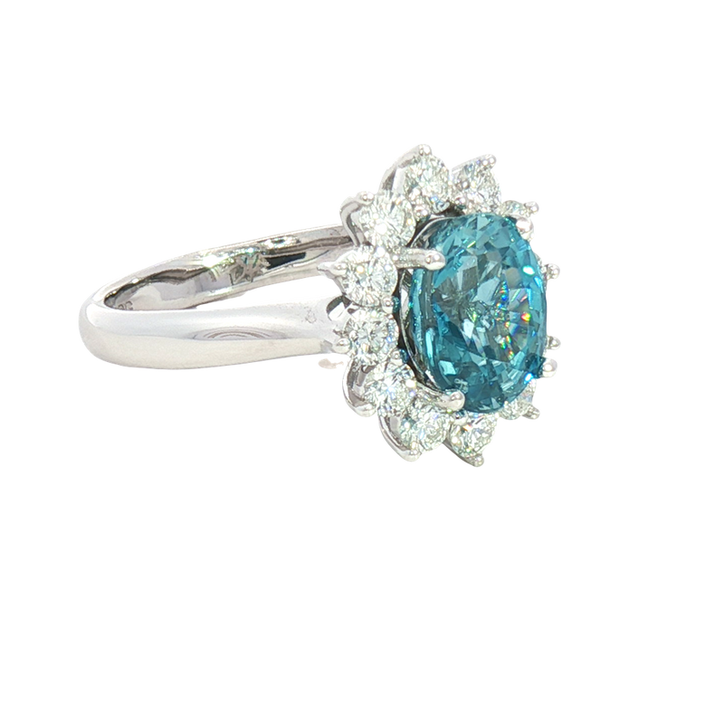 Bold & Elegant 14K White Gold Oval Cut 3.37 Carats Blue Zircon & 0.87 Carats Diamond Halo Ring