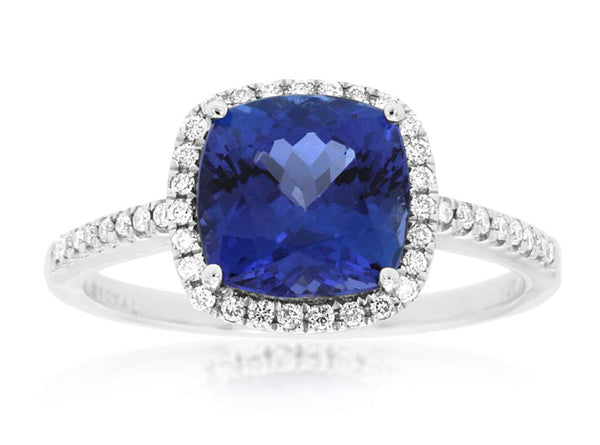White 14 Karat Gold 2.20 Carats Tanzanite & 0.18 Carats Diamonds Halo Ring