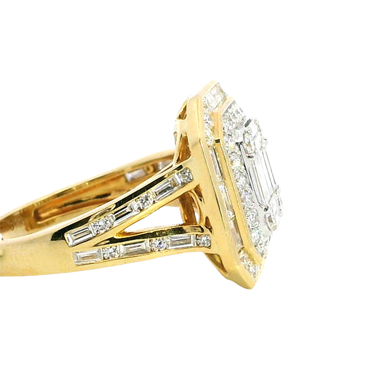 Elegant & Trendy 18K Yellow Gold 1.51 Carats Baguette & Round Diamond Dinner Ring
