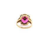 Bold & Elegant 10K Gold Yellow Vintage  Art Deco Created Ruby & Diamond Color Stone Ring - 0.10 Carats Diamonds Weight