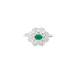 Bold & Elegant 18K White Gold Oval Cut 0.43 Carat Emerald & 0.17 Carat Diamond Floral Vintage Inspired Halo Ring