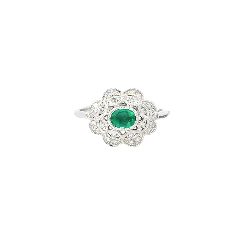 Bold & Elegant 18K White Gold Oval Cut 0.43 Carat Emerald & 0.17 Carat Diamond Floral Vintage Inspired Halo Ring