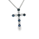 Vibrant 18K White Gold 0.29 Carats Blue Sapphire & 0.21 Carats Diamond Cross Pendant