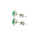 Vibrant Color Stone 18K White Gold Round Cut 0.88 Carats Emerald & 0.28 Carats Diamond Halo Earrings