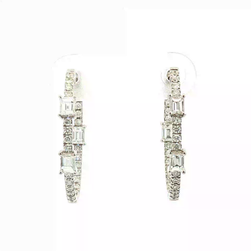 Classic & Contemporary 18K White Gold 1.05 Carats Total Weight Baguette & Round Diamond Inside Out Medium Hoop Earrings