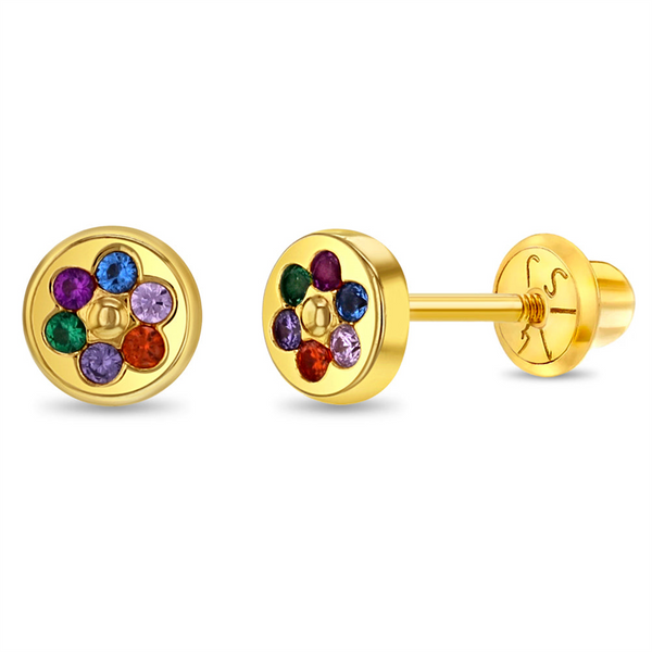 14K Yellow Gold Round Multicolored Flower Earrings With Safety Screw Back For Children