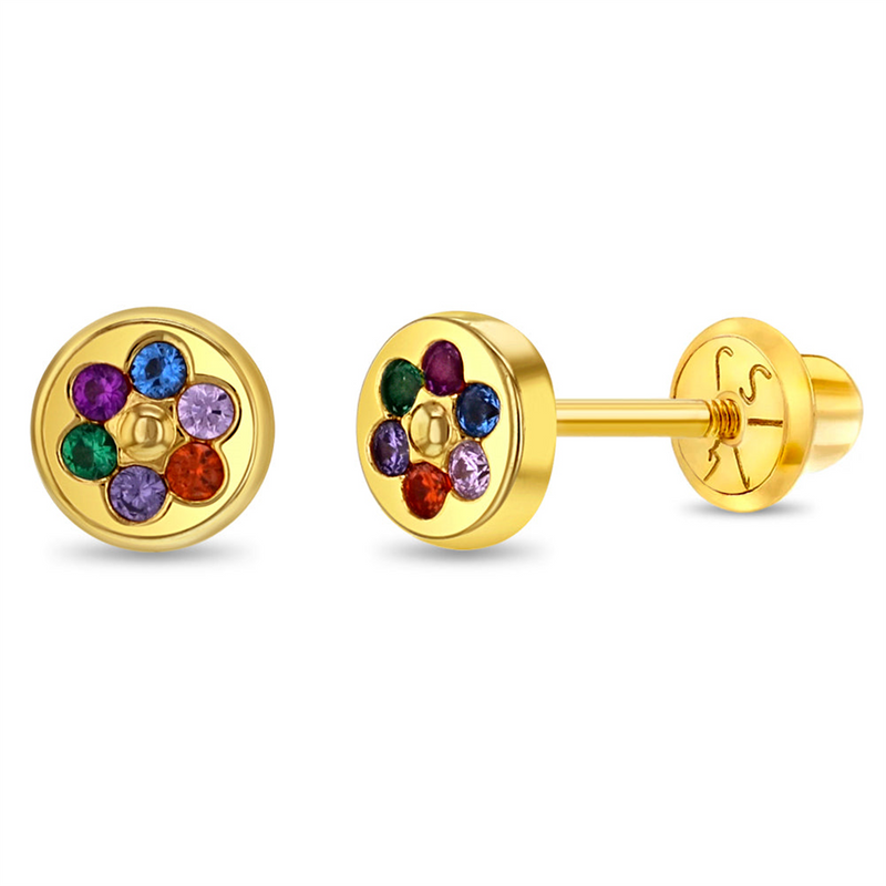 14K Yellow Gold Round Multicolored Flower Earrings With Safety Screw Back For Children