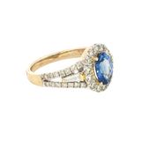 Bold & Elegant 14K Yellow Gold 1.34 Carats Ceylon Blue Sapphire & 0.86 Carats Baguette & Round Halo Ring