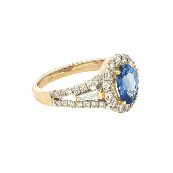 Bold & Elegant 14K Yellow Gold 1.34 Carats Ceylon Blue Sapphire & 0.86 Carats Baguette & Round Halo Ring