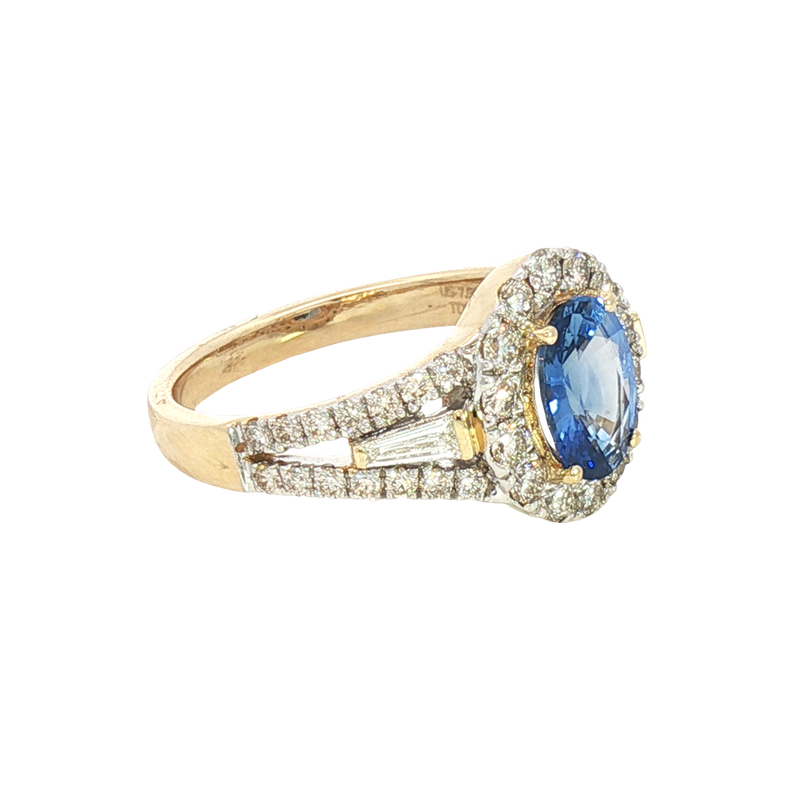 Bold & Elegant 14K Yellow Gold 1.34 Carats Ceylon Blue Sapphire & 0.86 Carats Baguette & Round Halo Ring