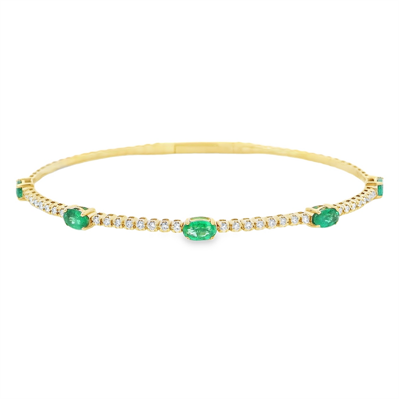 Elegant & Eye Catching 14K Gold Yellow & Titanium 1.03 Carats Oval Emerald & 0.32 Carats Round Diamond Flexible Bangle Bracelet, Length 6.75 Inch