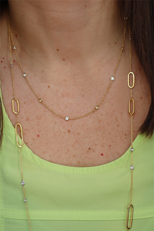 Elegant Diamond Necklaces 18K Yellow & White Gold 0.85 Carats Diamond Station Necklace - 31 Inches