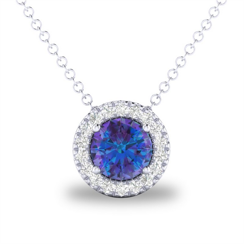 White 10 Karat Gold 0.30 Carats Synthetic Alexandrite & 0.05 Carats Diamond Halo Necklace