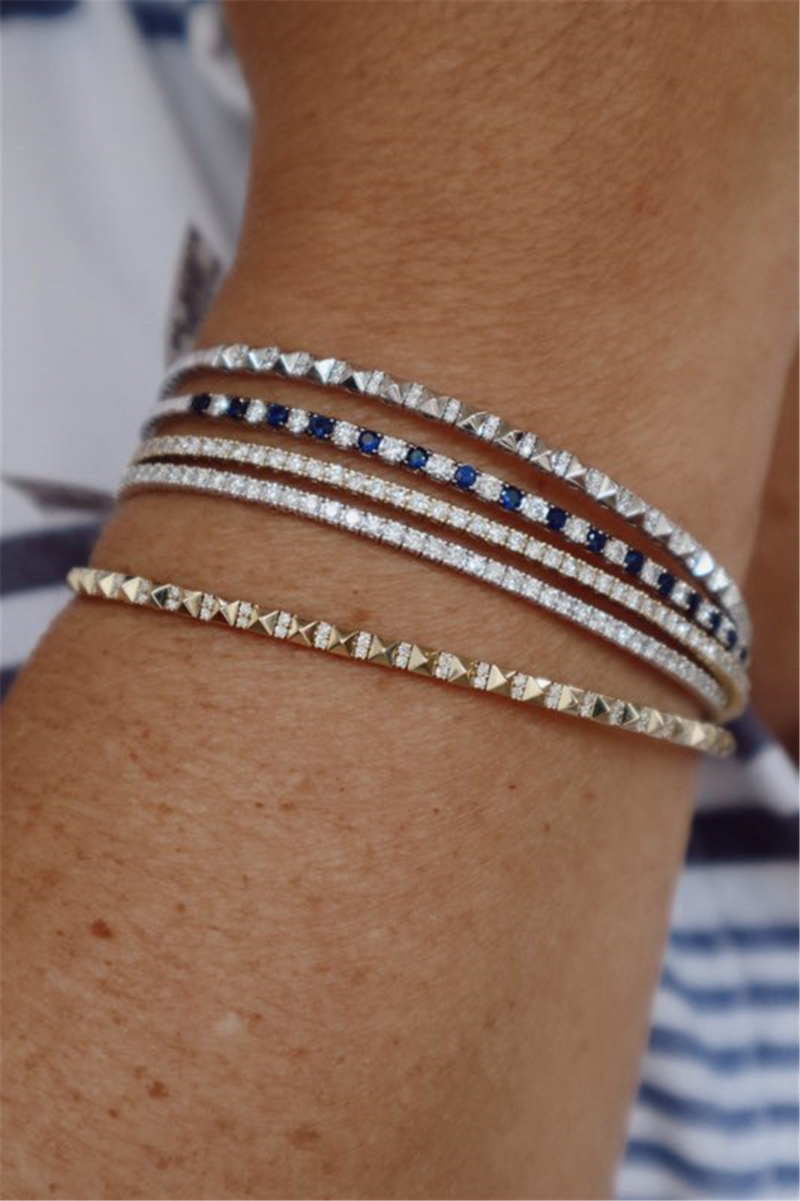 Sophisticated & Timeless Diamond Bracelets 14K Gold White Round Sapphires & Round Diamonds Bangle Bracelet - 1.04 CTW, Size 6.75 Inch