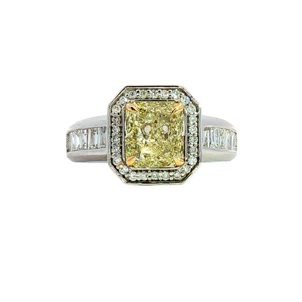 Elegant Diamond Engagement Rings 18K White & Yellow Gold Radiant Cut 2.00 Carats Fancy Yellow Diamond & 0.60 Carats Round & Baguette Diamond Halo Ring