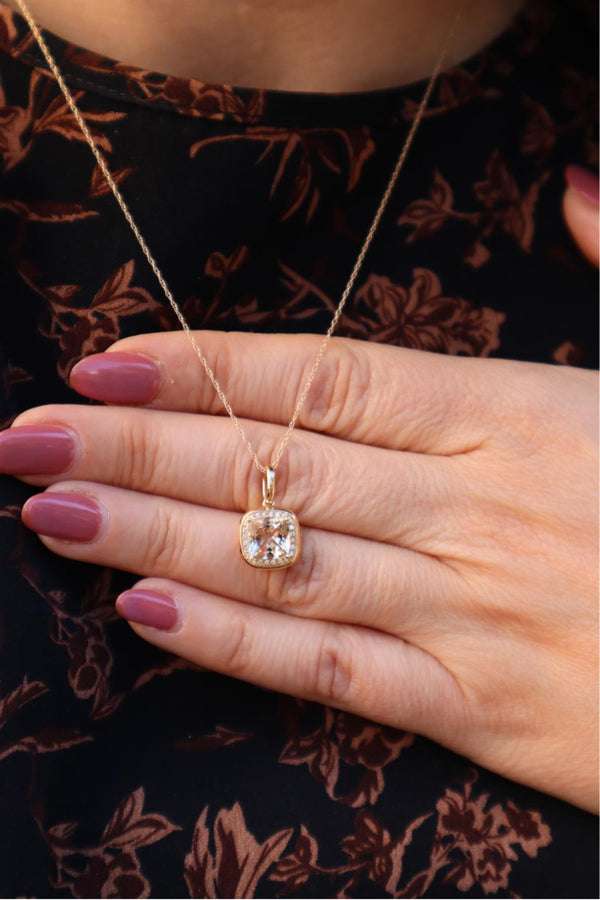 Vibrant 14K Gold Yellow 1.25 Carats Morganite & 0.08 Carats Diamond Halo Color Stone Pendant Necklace, 18 inch