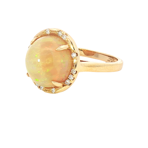 Bold & Elegant 18K Yellow Gold  Cabochon Cut 4.24 Carats Opal & 0.11 Carats Diamond Halo Ring