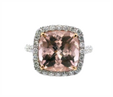 18K Two-Toned Gold Halo Cushion-Cut Morganite & Diamond Ring, 5.68ct Morganite & 0.86ct Diamonds