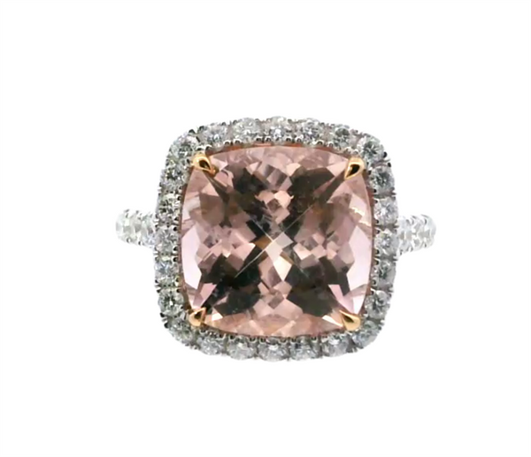 18K Two-Toned Gold Halo Cushion-Cut Morganite & Diamond Ring, 5.68ct Morganite & 0.86ct Diamonds