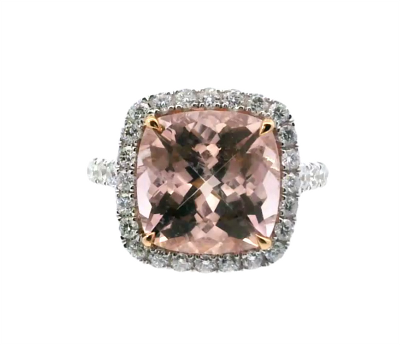 18K Two-Toned Gold Halo Cushion-Cut Morganite & Diamond Ring, 5.68ct Morganite & 0.86ct Diamonds
