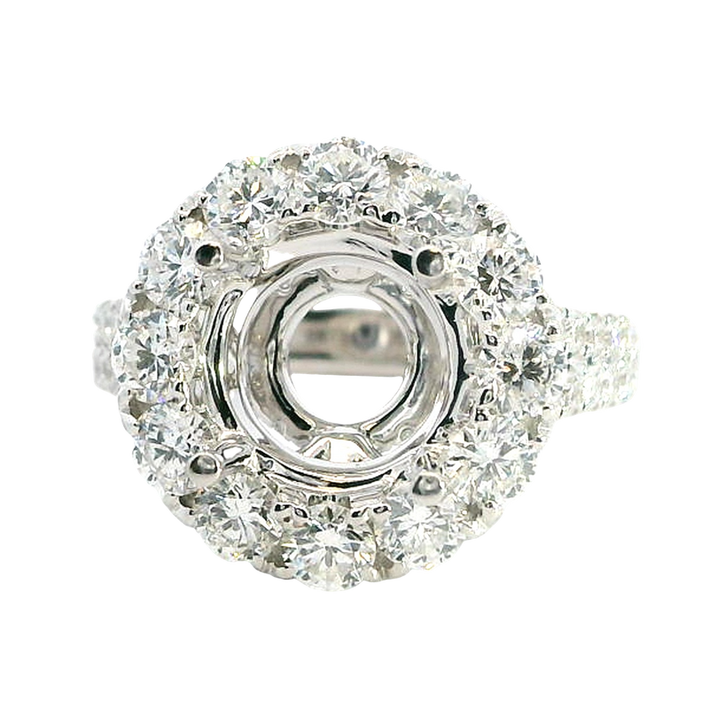 Elegant Diamond Mountings 18K White Gold 2.5 Carats Round Diamond Halo Semi Mount Ring -  1.77 Carats