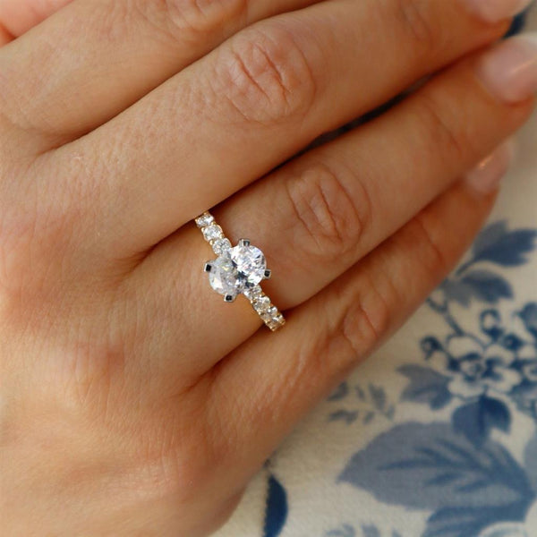 MPJ Exclusive Diamond Mountings 14K Gold Two-Toned Diamond Accented Oval 1.50 Carats, 8x6 MM Engagement Ring - 0.66 Carats Accent Diamonds