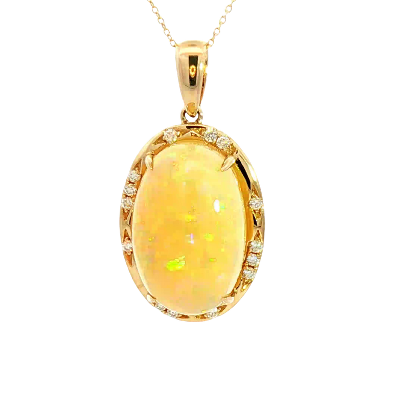 Vibrant Colored Stone Necklaces 14K Gold Yellow 8.91 Carats Opal & 0.13 Carats Diamond Halo Necklace, 18 Inch