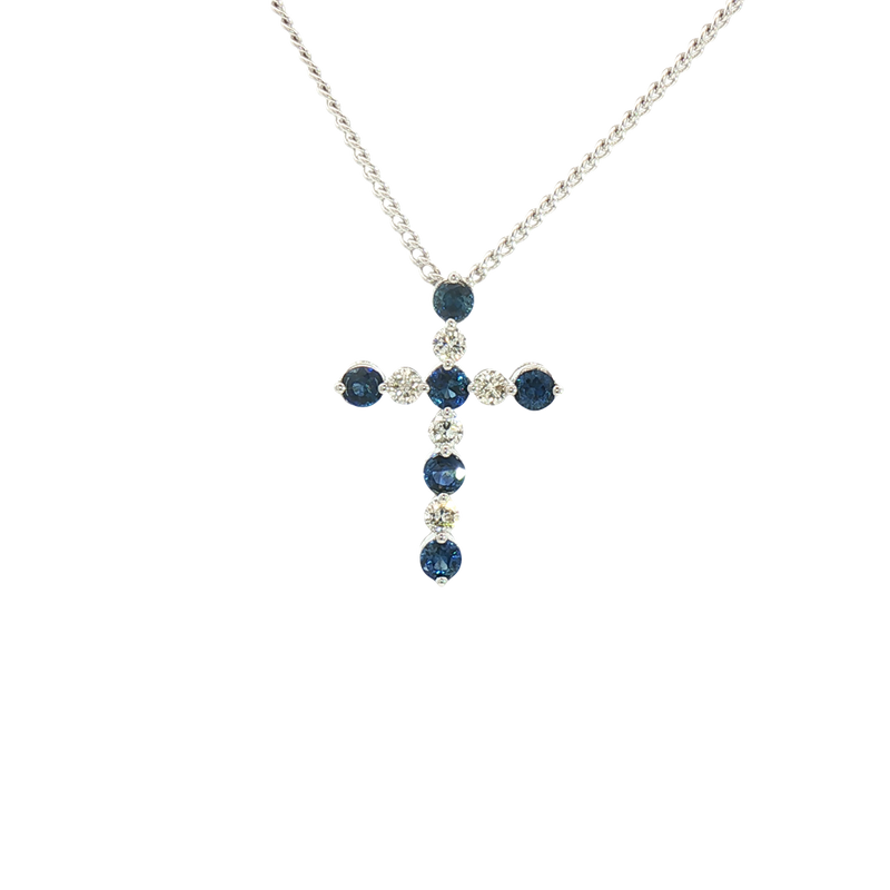 Vibrant 14K White Gold 0.508 Carats Blue Sapphire & 0.208 Carats Diamond Cross Pendant