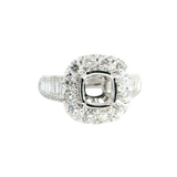 Elegant Diamond Mountings 18K White Gold 6.9mm Square Diamond Halo Semi Mount Ring - 1.52 Carats Baguette & Round Diamond