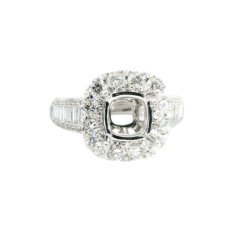 Elegant Diamond Mountings 18K White Gold 6.9mm Square Diamond Halo Semi Mount Ring - 1.52 Carats Baguette & Round Diamond