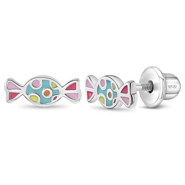 Sterling Silver Sweet Tooth Candy Multi Color  Enamel Earrings With Screw Back  For Children
