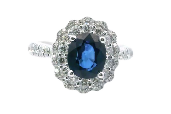 18K White Gold Vintage-Inspired Oval-Cut Sapphire & Diamond Double Halo Ring, 2.56ct Sapphire & 0.86ct Diamonds, F/G Color, VS2 Clarity