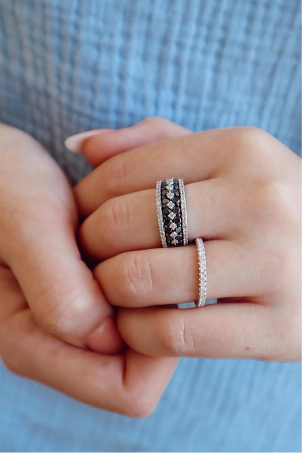 Elegant & Trendy 14K Gold White 1.35 Carats Black Diamond & 0.50 Carats Round Diamond Stackable Fashion Ring