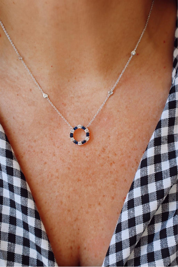Vibrant Colored Stone Necklaces 14K Gold White 0.65 Carats Blue Sapphire & 0.45 Carats Diamond Circle Necklace, 18 Inch