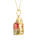 Vibrant Colored Stone Necklaces 18K Yellow Gold Emerald Cut 5.62 Carats WatermelonTourmaline & 0.18 Carats Diamond Necklace, 18 Inch