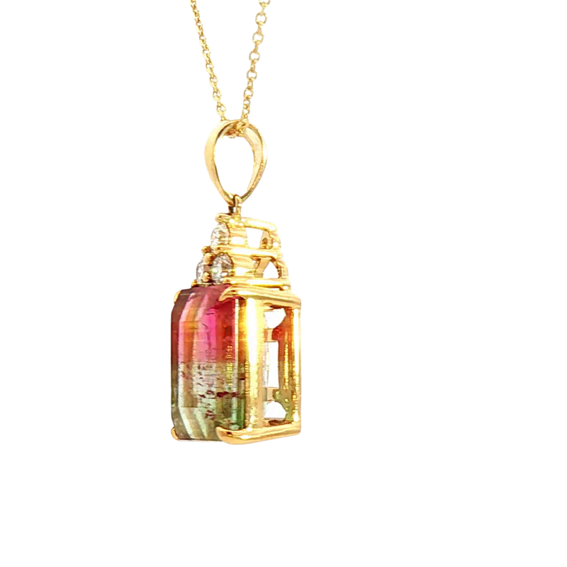 Vibrant Colored Stone Necklaces 18K Yellow Gold Emerald Cut 5.62 Carats WatermelonTourmaline & 0.18 Carats Diamond Necklace, 18 Inch