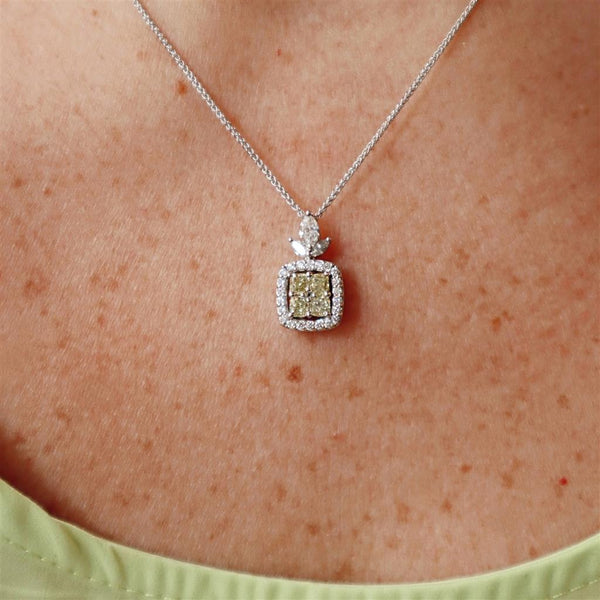 Elegant Diamond Necklaces & Pendants 14K Gold Two-Toned 1.34 Carats Fancy Yellow Cushion, Marquise & Round Diamonds Halo Pendant