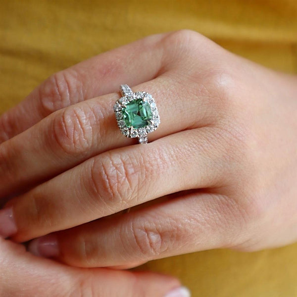 Bold & Elegant 18K White Gold 2.63 Carat Green Tourmaline & 0.91 Carat Diamond Halo Ring
