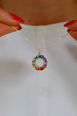 Vibrant Colored Stone Necklaces 14K Yellow Gold 2.17 Carats Multi Colored Sapphires & 0.12 Carats Diamond Necklace, 18 Inch