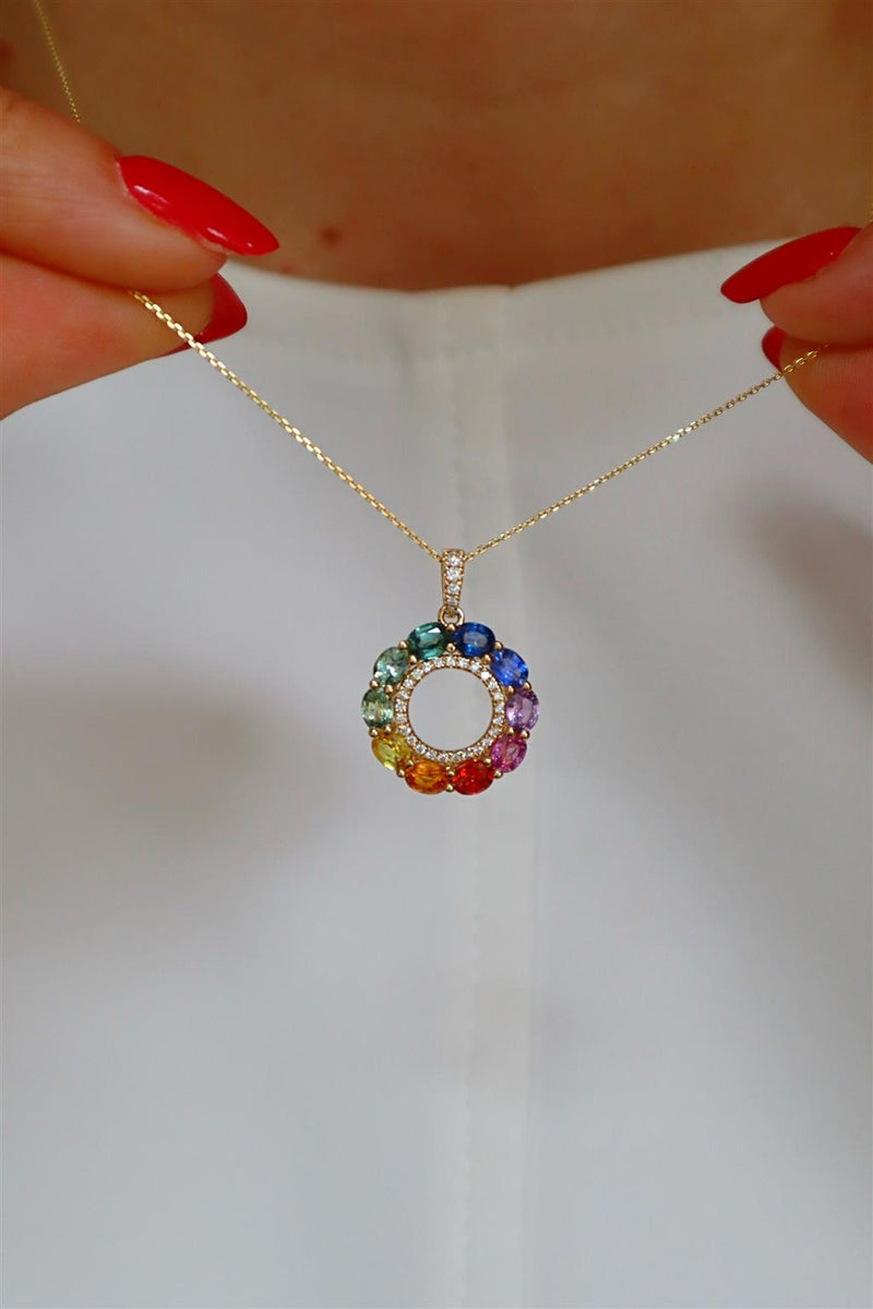 Vibrant Colored Stone Necklaces 14K Yellow Gold 2.17 Carats Multi Colored Sapphires & 0.12 Carats Diamond Necklace, 18 Inch
