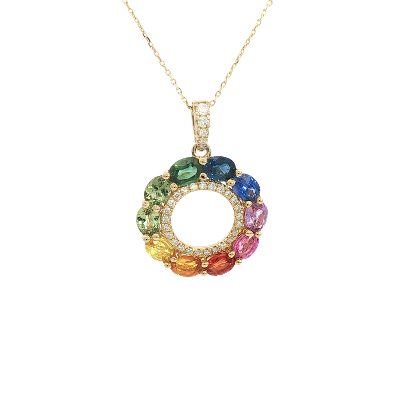 Vibrant Colored Stone Necklaces 14K Yellow Gold 2.17 Carats Multi Colored Sapphires & 0.12 Carats Diamond Necklace, 18 Inch